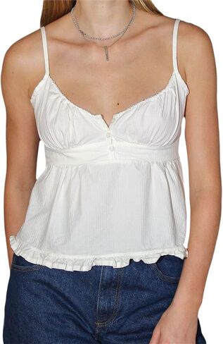 Women Y2k Babydoll Cami Top Sexy Lace Ruffle V Neck Spaghetti Strap Peplum Tank Tops Coquette Going Out Streetwear in Saudi Arabia