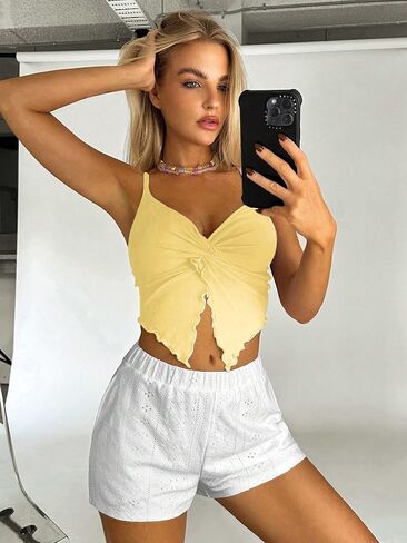 Women's Twist Front Cami Crop Tops Spaghetti Strap Slim Fit Asymmetrical Camisole in Kuwait