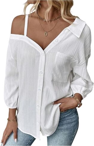 MakeMeChic Women's Summer Asymmetrical Tops Button Down Shirt Long Sleeve Loose Office Blouse in Saudi Arabia
