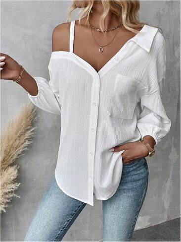 MakeMeChic Women's Summer Asymmetrical Tops Button Down Shirt Long Sleeve Loose Office Blouse in Saudi Arabia