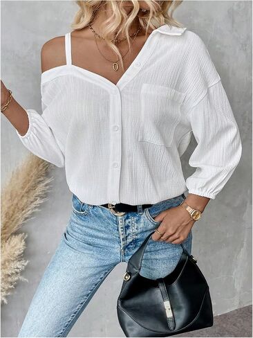 MakeMeChic Women's Summer Asymmetrical Tops Button Down Shirt Long Sleeve Loose Office Blouse in Saudi Arabia