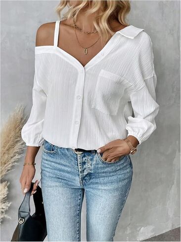 MakeMeChic Women's Summer Asymmetrical Tops Button Down Shirt Long Sleeve Loose Office Blouse in Saudi Arabia