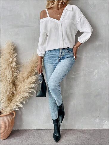 MakeMeChic Women's Summer Asymmetrical Tops Button Down Shirt Long Sleeve Loose Office Blouse in Saudi Arabia