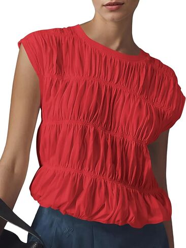 Livtany Women's Cap Sleeve Shirred Tank Tops Crew Neck Tiered Bubble Babydoll Cute Blouse Top Solid Loose Fit Tee Shirts in Kuwait