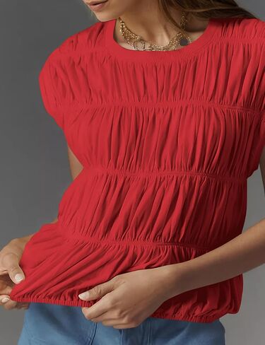 Livtany Women's Cap Sleeve Shirred Tank Tops Crew Neck Tiered Bubble Babydoll Cute Blouse Top Solid Loose Fit Tee Shirts in Kuwait