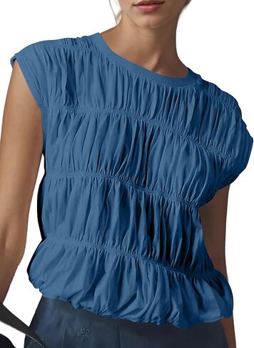 Livtany Women's Cap Sleeve Shirred Tank Tops Crew Neck Bubble Babydoll Cute Blouse Top Solid Sould Fit Tee Tee in Kuwait