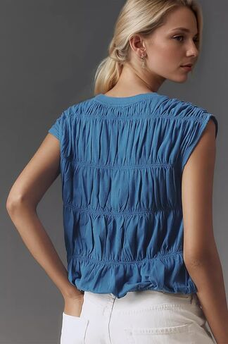 Livtany Women's Cap Sleeve Shirred Tank Tops Crew Neck Bubble Babydoll Cute Blouse Top Solid Sould Fit Tee Tee in Kuwait