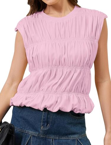 Livtany Women's Cap Sleeve Shirred Tank Tops Crew Neck Tiered Bubble Babydoll Cute Blouse Top Solid Loose Fit Tee Shirts in Kuwait