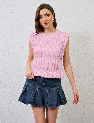 Livtany Women's Cap Sleeve Shirred Tank Tops Crew Neck Tiered Bubble Babydoll Cute Blouse Top Solid Loose Fit Tee Shirts in Kuwait