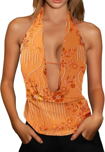 Engofs Women Sequin Halter Tops Y2k Sparkly Beaded Tank Top Glitter Rhinestone Party Camisole in Saudi Arabia