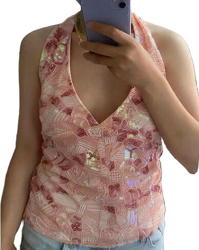 Engofs Women Sequin Halter Tops Y2k Sparkly Beaded Tank Top Glitter Rhinestone Party Camisole in Saudi Arabia