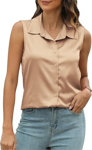 Mawor Womens Silk Satin Sleeveless Button Down Shirts Blouses Solid Casual Loose V Neck Classic Tank Tops for Work Office in Kuwait