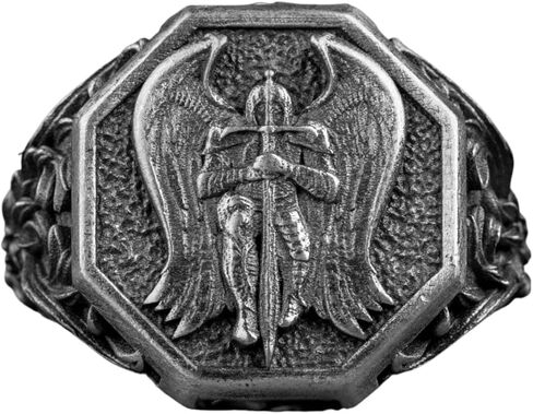 رنين الملائكة القديس مايكل الفضي ، ملاك كريستيان مع خاتم متقاطع ، جارديان سانت مايكل المجوهرات ، أفضل خاتم العصور الوسطى ، هدية صديقها in Kuwait