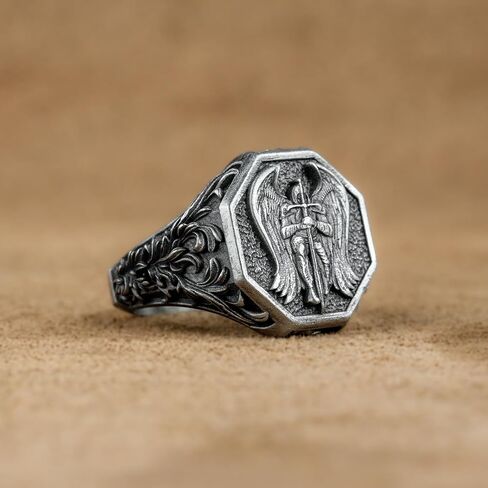 رنين الملائكة القديس مايكل الفضي ، ملاك كريستيان مع خاتم متقاطع ، جارديان سانت مايكل المجوهرات ، أفضل خاتم العصور الوسطى ، هدية صديقها in Kuwait