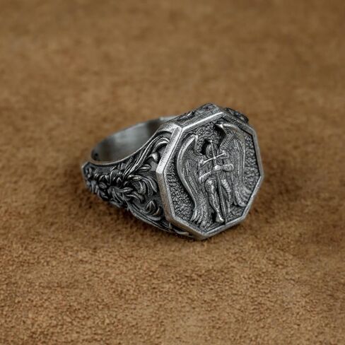 رنين الملائكة القديس مايكل الفضي ، ملاك كريستيان مع خاتم متقاطع ، جارديان سانت مايكل المجوهرات ، أفضل خاتم العصور الوسطى ، هدية صديقها in Kuwait