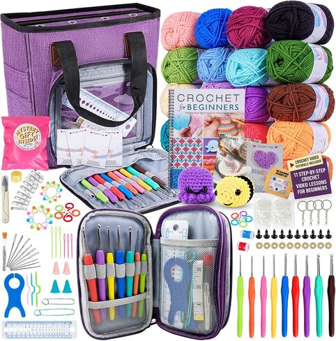 JC CRAFT 137-Piece Crochet Kit for Beginners Adults & Kids: 20 Vibrant Yarns, Ergonomic Hooks, Complete Supplies, Stylish Bag – Perfect Crochet Starter Kit, 1970 Yards of Yarn, Purple in Saudi Arabia