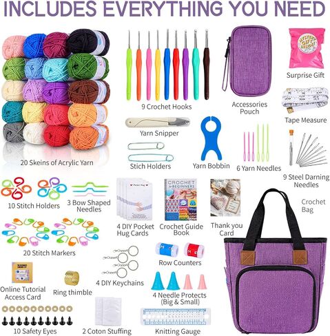 JC CRAFT 137-Piece Crochet Kit for Beginners Adults & Kids: 20 Vibrant Yarns, Ergonomic Hooks, Complete Supplies, Stylish Bag – Perfect Crochet Starter Kit, 1970 Yards of Yarn, Purple in Saudi Arabia