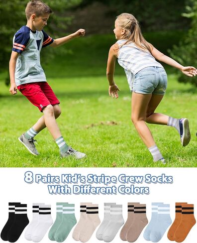 8 Pairs Kids Stripe Socks Cotton Crew Socks Colorful Retro Stripe Athletic Hosiery for School Kids in Kuwait