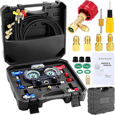 3 Way AC Manifold Gauge Set for R1234yf R134a R410a R32 Automotive Air Conditioner, Automotive HVAC Diagnostic Gauge with 5ft Hoses Quick Couplers Tank Adapter Can Tap for Car Charging and Evacuation in Saudi Arabia