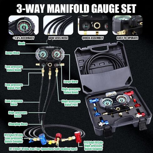 3 Way AC Manifold Gauge Set for R1234yf R134a R410a R32 Automotive Air Conditioner, Automotive HVAC Diagnostic Gauge with 5ft Hoses Quick Couplers Tank Adapter Can Tap for Car Charging and Evacuation in Saudi Arabia