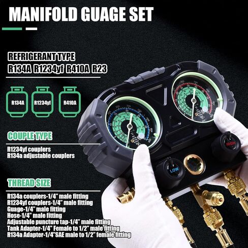 3 Way AC Manifold Gauge Set for R1234yf R134a R410a R32 Automotive Air Conditioner, Automotive HVAC Diagnostic Gauge with 5ft Hoses Quick Couplers Tank Adapter Can Tap for Car Charging and Evacuation in Saudi Arabia