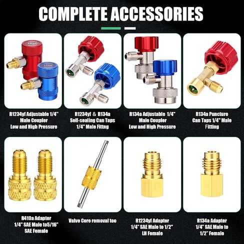 3 Way AC Manifold Gauge Set for R1234yf R134a R410a R32 Automotive Air Conditioner, Automotive HVAC Diagnostic Gauge with 5ft Hoses Quick Couplers Tank Adapter Can Tap for Car Charging and Evacuation in Saudi Arabia