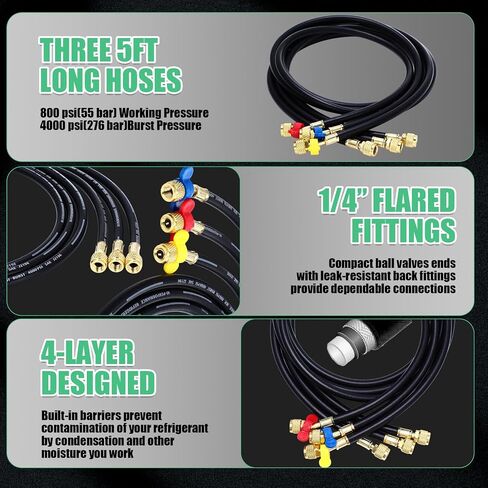 3 Way AC Manifold Gauge Set for R1234yf R134a R410a R32 Automotive Air Conditioner, Automotive HVAC Diagnostic Gauge with 5ft Hoses Quick Couplers Tank Adapter Can Tap for Car Charging and Evacuation in Saudi Arabia