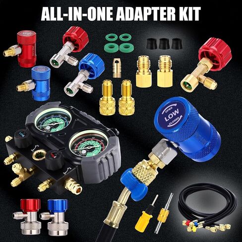 3 Way AC Manifold Gauge Set for R1234yf R134a R410a R32 Automotive Air Conditioner, Automotive HVAC Diagnostic Gauge with 5ft Hoses Quick Couplers Tank Adapter Can Tap for Car Charging and Evacuation in Saudi Arabia