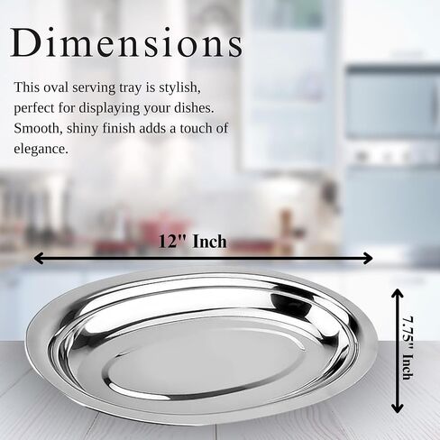 Chandler Stainless Steel Serving Tray - Oval Silver Food Tray - 3 mm Thick, Unbreakable - Anti Rust Serving Platter - Dinner Trays - Dishwasher Safe Kitchen Tray (Silver, 14 Inches) in Kuwait