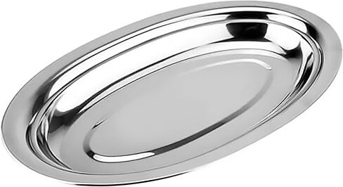 Chandler Stainless Steel Serving Tray - Oval Silver Food Tray - 3 mm Thick, Unbreakable - Anti Rust Serving Platter - Dinner Trays - Dishwasher Safe Kitchen Tray (Silver, 14 Inches) in Kuwait