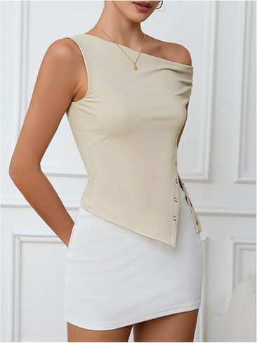 Milumia Women's Off One Shoulder Tank Top Asymmetrical Button Hem Going Out Tee Shirts in Saudi Arabia