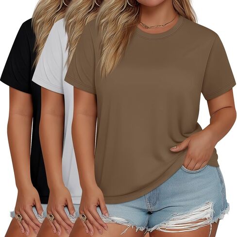 3 Pack Plus Size Women's T-Shirts Crew Neck Short Sleeve Tops Loose Fit Casual Summer Basic Plain Tees in Saudi Arabia