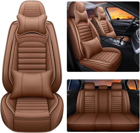 Leather Car Seat Covers for Volkswagen Atlas 2018-2024,Car Seat Covers Full Set,Seat Covers with Safety,Waterproof Seat Cover Compatible Airbag(5pcs Coffee Luxury) in Kuwait