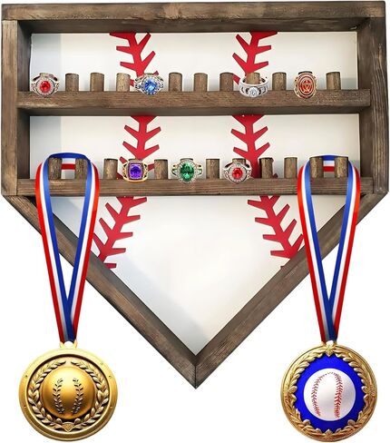 Baseball Championship Ring Display Case, Softball Football Basketball Ring Holder Wood, 24 Ring Posts, Sports Medal Wall Mount Display Box for Men Boy (Yellow) in Saudi Arabia