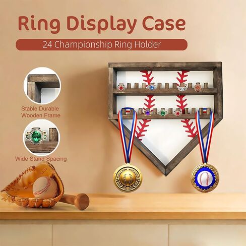 Baseball Championship Ring Display Case, Softball Football Basketball Ring Holder Wood, 24 Ring Posts, Sports Medal Wall Mount Display Box for Men Boy (Yellow) in Saudi Arabia