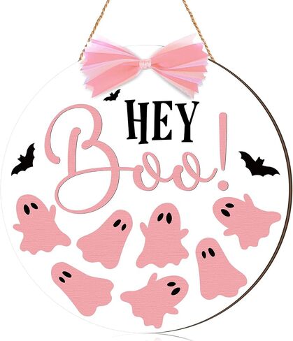 Halloween Door Sign Pink Ghost Wreath Decorations Boo Wooden Hanging Decorations with Pink Bows Halloween Porch Sign for Farmhouse Front Door Hanger Porch Wall Decor in Saudi Arabia