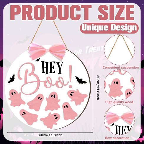 Halloween Door Sign Pink Ghost Wreath Decorations Boo Wooden Hanging Decorations with Pink Bows Halloween Porch Sign for Farmhouse Front Door Hanger Porch Wall Decor in Saudi Arabia