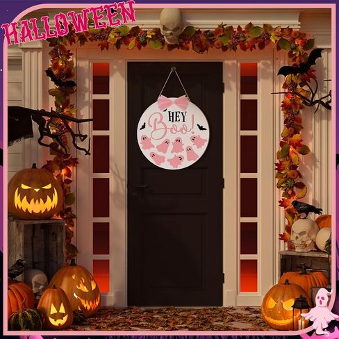 Halloween Door Sign Pink Ghost Wreath Decorations Boo Wooden Hanging Decorations with Pink Bows Halloween Porch Sign for Farmhouse Front Door Hanger Porch Wall Decor in Saudi Arabia