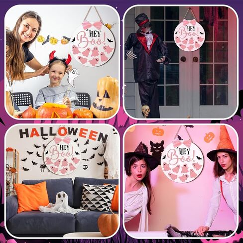 Halloween Door Sign Pink Ghost Wreath Decorations Boo Wooden Hanging Decorations with Pink Bows Halloween Porch Sign for Farmhouse Front Door Hanger Porch Wall Decor in Saudi Arabia