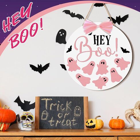 Halloween Door Sign Pink Ghost Wreath Decorations Boo Wooden Hanging Decorations with Pink Bows Halloween Porch Sign for Farmhouse Front Door Hanger Porch Wall Decor in Saudi Arabia