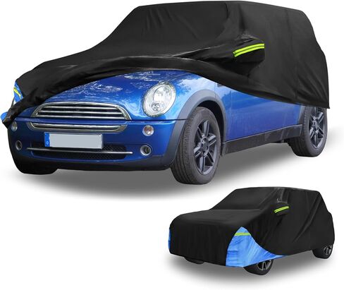 Car Cover Waterproof All Weather 210D, UV Sun Rain Protection, for Mini Cooper 2DR with Left Side Zipper, Black & Blue in Saudi Arabia