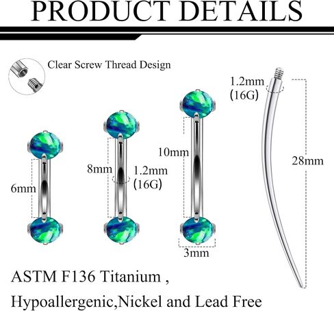 Ruifan 16g Rook Piercing Jewelry Titanium Internally Threaded Opal Curved Barbell Eyebrow Tragus Helix Conch Lobe Labret Earrings Lip Rings Body Piercing Jewelry For Women Men 6mm 8mm 10mm in Saudi Arabia