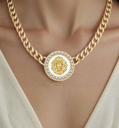 Women's Hip Hop Basketball Wives Lion Head Chunky Chain Choker Necklace Crystal Statement Linked Necklace Party Costume Outfit Cocktail Animal Jewelry in Saudi Arabia