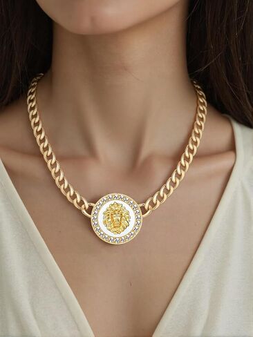 Women's Hip Hop Basketball Wives Lion Head Chunky Chain Choker Necklace Crystal Statement Linked Necklace Party Costume Outfit Cocktail Animal Jewelry in Saudi Arabia