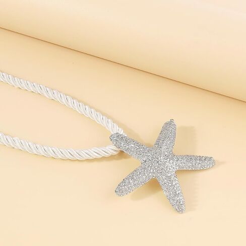 Unique Gold Starfish Pendant Necklace for Women,Chunky White Braided Rope Choker Necklace,Dainty Silver Big Star Statement Necklace Beach Jewelry in Saudi Arabia