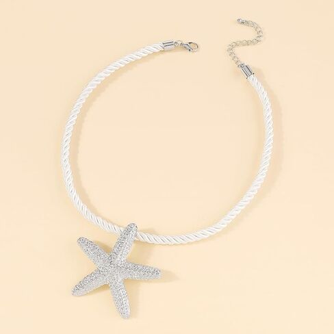 Unique Gold Starfish Pendant Necklace for Women,Chunky White Braided Rope Choker Necklace,Dainty Silver Big Star Statement Necklace Beach Jewelry in Saudi Arabia