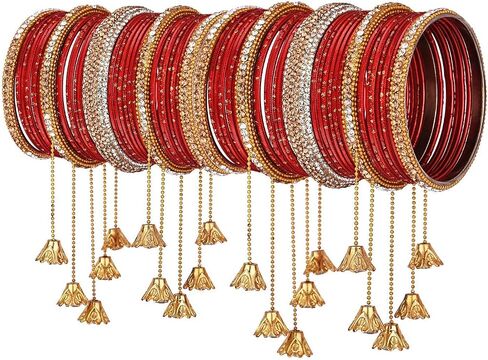Efulgenz Bridal Indian Bareles for Women Wedding Indian Bangle مجموعة بوليوود المجوهرات Rhinestone CZ Crystal Bracelet Plain Metal Bangle for Women (58 pcs) in Kuwait