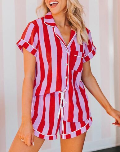 NUFIWI نساء 4 يوليو ملابس العلم الأمريكي القميص قصير الأكمام شورت مخطط صالة وضعت قطعتين بيجاما سليم in Kuwait