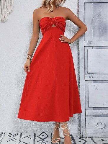 Skays Womens Brandless Twist Knot Midi Dress Dutout a-line tube summer cocktail party with back smock in Saudi Arabia