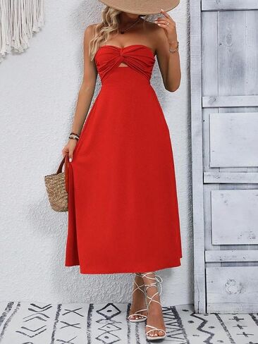 Skays Womens Brandless Twist Knot Midi Dress Dutout a-line tube summer cocktail party with back smock in Saudi Arabia